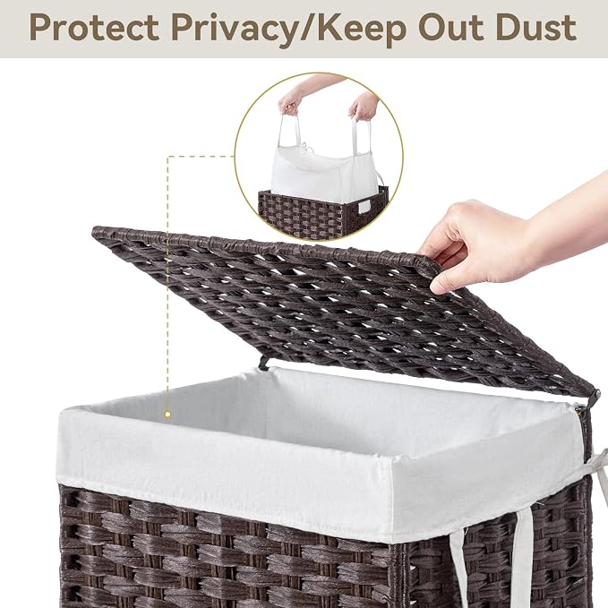 Chrislley 90L Slim Laundry Hamper with Wheels, Rolling Laundry Basket with Lid and Renovable Liner Bag, Handwoven Rattan Organizer for bedroom, bathroom, laundry room (Brown) - Image 4