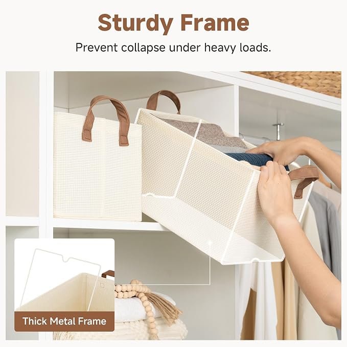 StorageWorks Storage Bins, Shelves Baskets for Organizing, Fabric Closet Organizers with Handles, Metal Frame, Beige-Texture, 2-Pack - Image 4