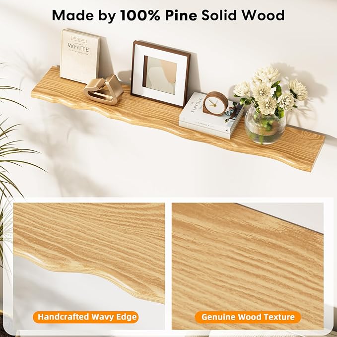 Floating Shelves for Wall Rustic Farmhouse 48 Inch Floating Shelf Bathroom Wooden Shelves for Wall Mounted Live Edge Pine Shelf with Unique Natural Grain for Living Room Bedroom Kitchen (Natural) - Image 4