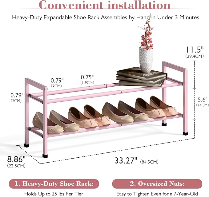 Bumusty 2-Tier Expandable Shoe Rack for Closet, 18“-33” Adjustable Shoe Rack for Small Space, Small Shoe Organizer for Front Door, Sturdy Metal, Pink - Image 3