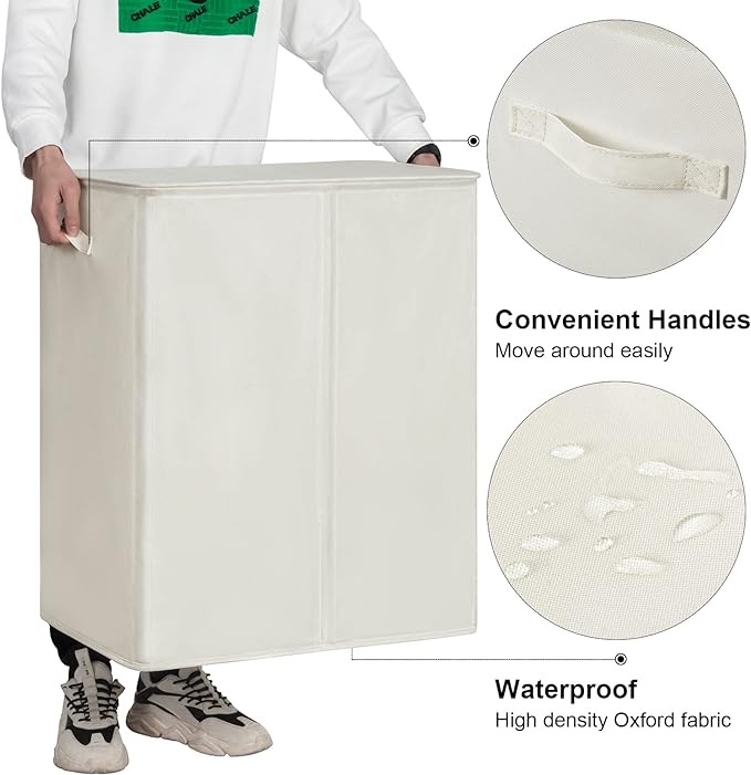WOWLIVE 180L Double Laundry Hamper with Lid and Removable Laundry Bags, Large Dirty Clothes Hamper 2 section Collapsible Laundry Basket Dorm Room Storage for Bedroom, Bathroom, College,Beige - Image 6