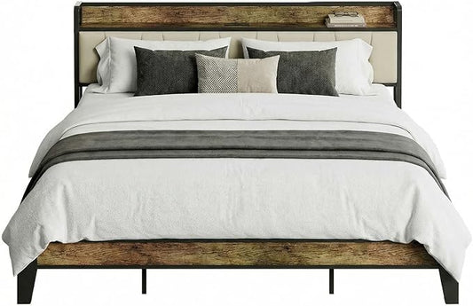 LIKIMIO California King Bed Frame, Storage Headboard with Charging Station, Solid and Stable, Noise Free, No Box Spring Needed, Easy Assembly (Walnut and Beige)