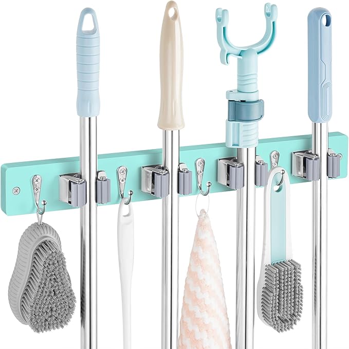 OUTNILI Turquoise Mop Broom Holder Wall Mount with 4 Slots & 4 Hooks - Wood Broom Mop Hanger for Pantry Closet Laundry Room Organization - for Teal Kitchen Decor and Accessories by OUTNILI