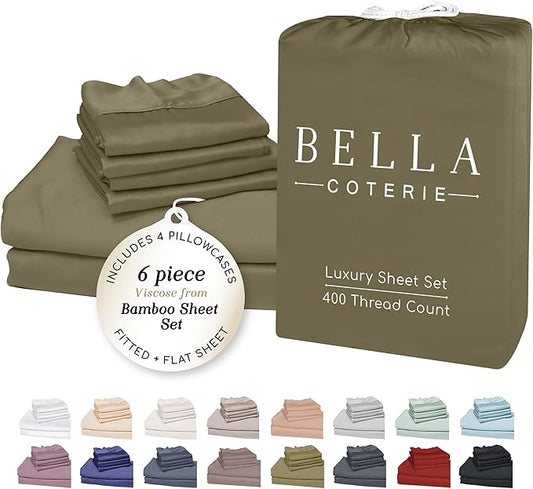 Bella Coterie 6 Piece Luxury Bamboo Viscose California King Size Sheet Set | 100% Organically Grown | Cooling for Hot Sleepers | 18" Deep Pocket | Soft & Hypoallergenic | 4 Pillowcases [Olive]