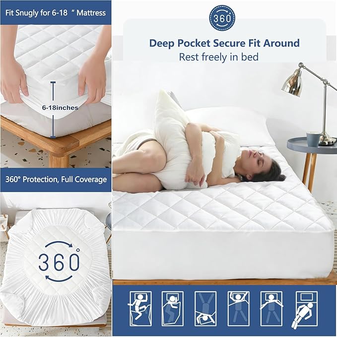 Twin Mattress Protector Waterproof Washable Mattress Padded Cover Fitted Twin Size Bed Protection Noiseless Plastic Bed Pad Deep Pocket Up to 18” Soft and Breathable(White)