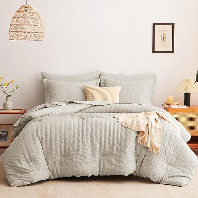 CozyLux Twin XL Comforter Set with Sheets Seersucker Beige 5 Pieces Bed in a Bag, Twin Extra Long Luxury Soft Bedding Sets for College Dorm with Down Alternative Comforter, Sheets, Pillowcase & Sham