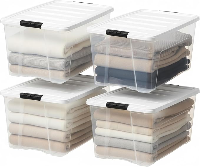 IRIS USA 72 Qt Stackable Plastic Storage Bins with Lids, 8 Pack - BPA-Free, Made in USA - See-Through Organizing Solution, Latches, Durable Nestable Containers, Secure Pull Handle - Clear/White - Image 4