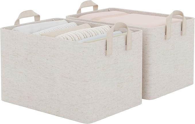 StorageWorks Storage Bins, Shelves Baskets for Organizing, Large Fabric Closet Organizers with Handles, Metal Frame, Beige-Cotton-linen, 2-Pack by StorageWorks