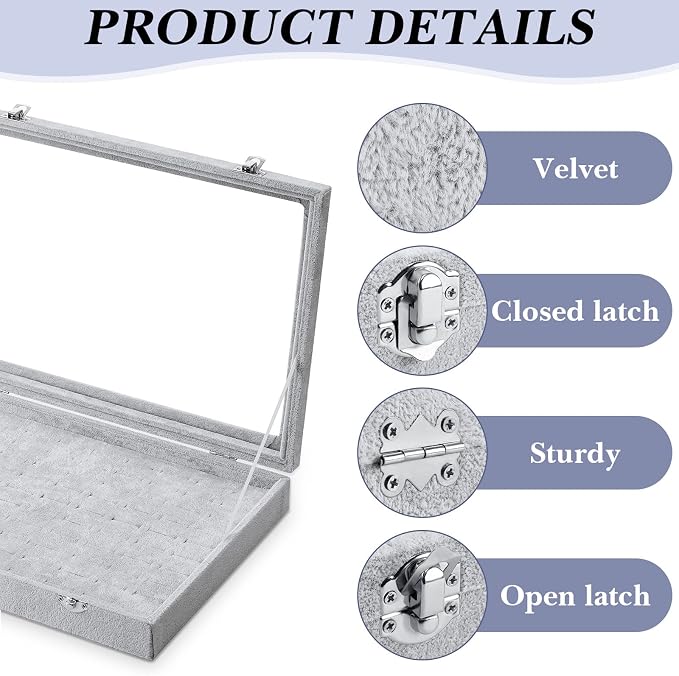 Yinkin 2 Pcs 100 Slots Ring Organizer Box with Transparent Glass Lid Necklace Display Tray Ring Case Velvet Jewelry Holder (Gray) - Image 3