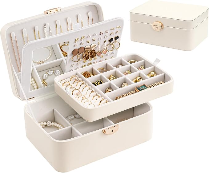 Lolalet 2 Layer Jewelry Box with Lock and Key for Teen Girls & Young Women, Jewelry Organizer Case with Round Clasp and Mirror for Earrings Rings Necklaces Storage, Gift Idea -Cloud White by Lolalet