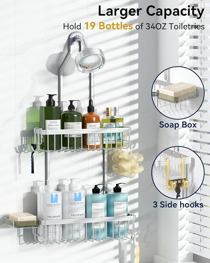 YASONIC Shower Caddy Hanging, Never Rust Shower Organizer Hanging, Aluminum Shower Racks for Inside Shower with Hooks for Razor, Bathroom Organizers and Storage with Soap Holder, Bright Silver - Image 3