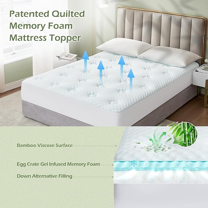 Hansleep Full Size Memory Foam Mattress Pad Topper, Full Foam Mattress Topper Viscose Derived from Bamboo, Full Bed Mattress Pad Cover for Back Pain Relief, 78" x 80", White