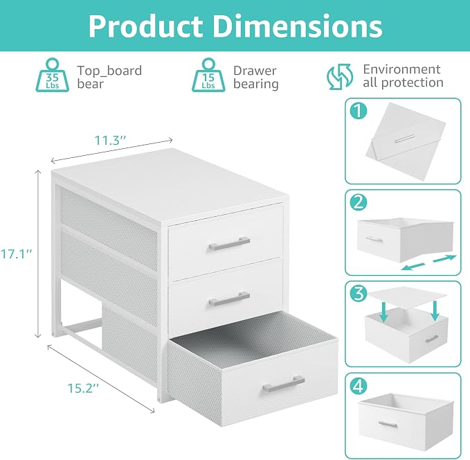BOLUO Closet Drawers White Fabric 3 Drawer Small Dresser for Closet Organizers and Storage Bedroom Dorm Modern - Image 2