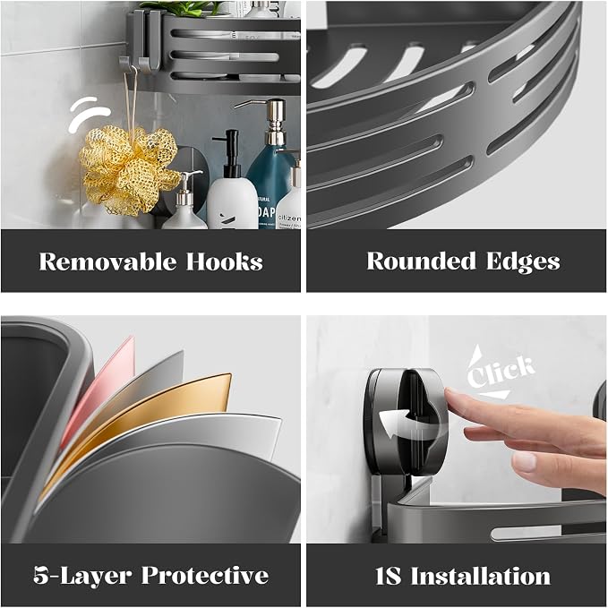 ONXE Suction Cup Shower Caddy,No Drilling Corner Shower Shelves Heavy Duty,Shower Organizer with Hooks,Rustproof Waterproof Space Aluminum Bathroom Storage,Home Accessories Decor - Image 8