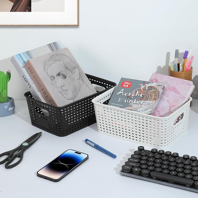 Plastic Storage Baskets 6 Pack Sturdy Storage Organizer Basket Woven Plastic Storage Bins for Shelves,Closet,Countertops, Desktops, Cabinets and Badrooms,Saving Storage, Stylish Design,Black - Image 3