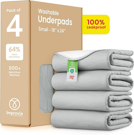 IMPROVIA® Washable Underpads, Heavy Absorbency Reusable Incontinence Pads for Kids, Adults, Elderly, and Pets - Waterproof Protection Floor Grey & White (4 Pack - 18x24)