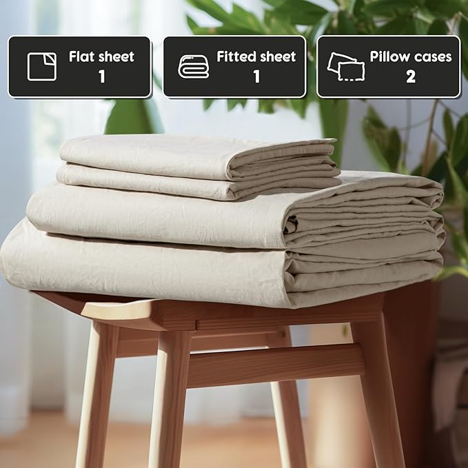 SONORO KATE 100% French Pure Linen Sheets, Breathable and Durable Linen Sheets, Anti-Tear Linen Bed Sheets, Machine Washable, 16 Inch Deep Pocket - 4 Piece (Natural Linen, California King)