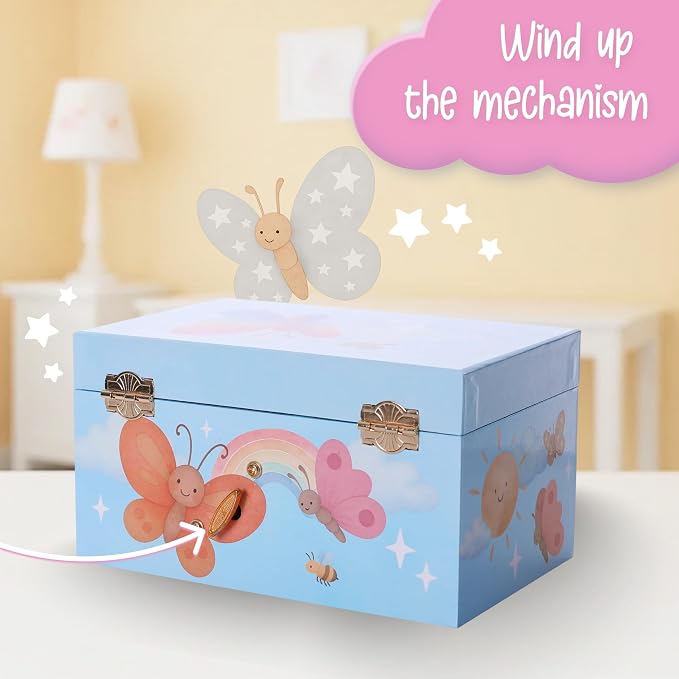 The Memory Building Co Butterfly Musical Jewelry Box Plays Classic Melody, Storage Organizer Music Box for Kids Ages 6-12, MDF Wood w/ 2 Fabric Lined Ring Bracelet Necklace Treasure Compartments - Image 6