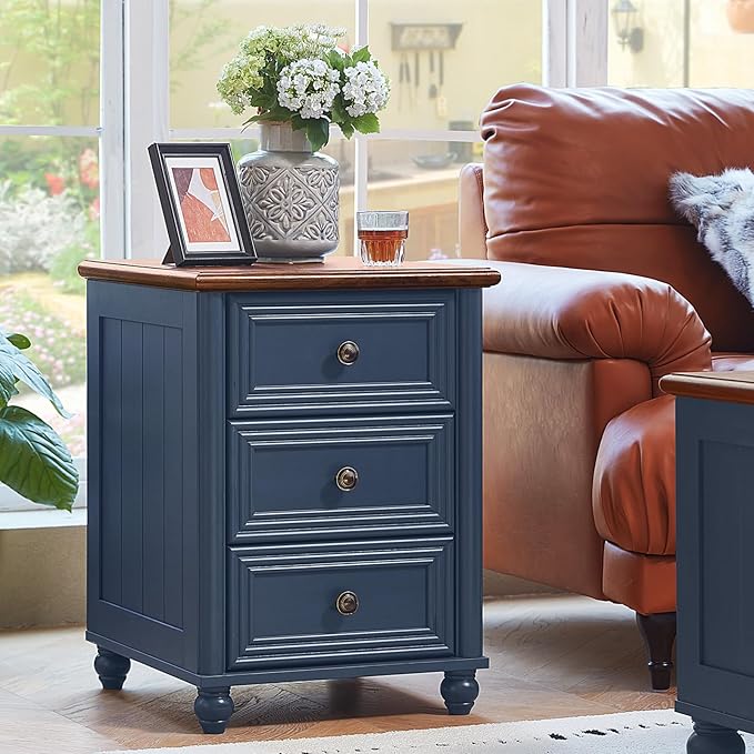 RWYHG 18" Farmhouse Night Stand, Blue Wood Nightstand with 3 Drawers, Bedside End Table with Storage and Roman Column, Bed Side Tables Cabinet for Bedroom, Living Room, and Closet