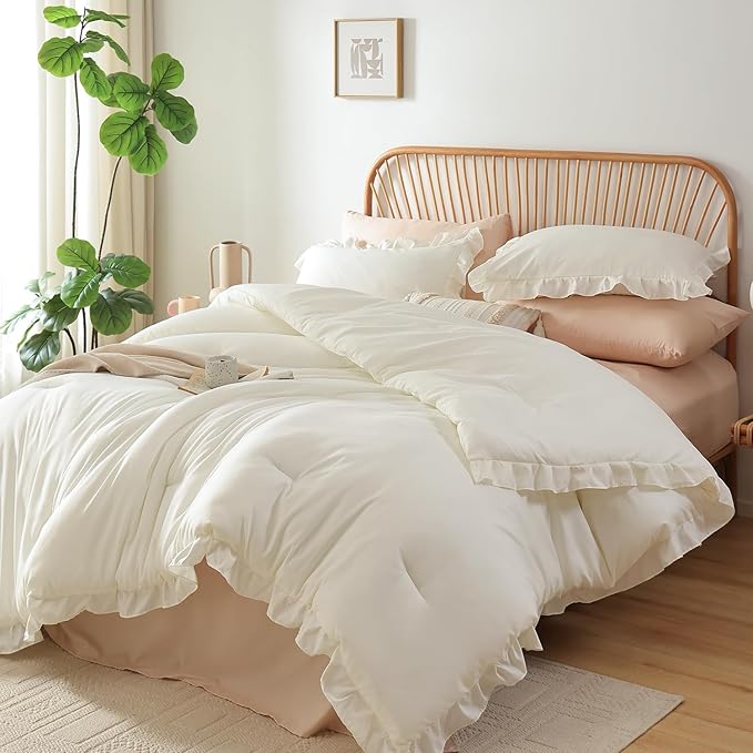 JANZAA Queen Comforter Set Creamy White Ruffle Comforter with 2 Pillowcase Soft Queen Size Bed Set Vintage Farmhouse Bed Comforter Set Fluffy Shabby Chic Bedding for All Season