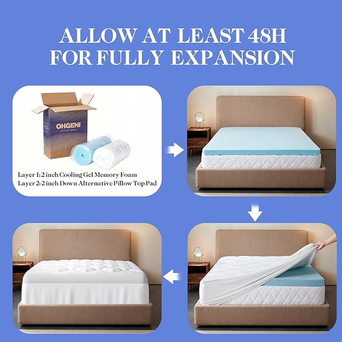 OhGeni Cooling 4 Inch Twin XL Dual Layer Mattress Topper, 2 Inch Gel Memory Foam,2 Inch Soft Pillow Top Pad, College Dorm Essentials Bedroom Mattresses Cover, Comfortable Sleep and Back Pain Relief
