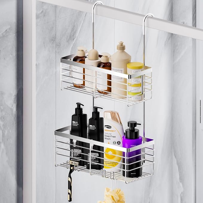 SHANSHUI Shower Hanging Caddy, Double Bathroom Showers Organizer Basket, Shampoo Bracket, Over Door Shower Rack with Hooks, 304 Stainless Steel Rustproof - Image 7