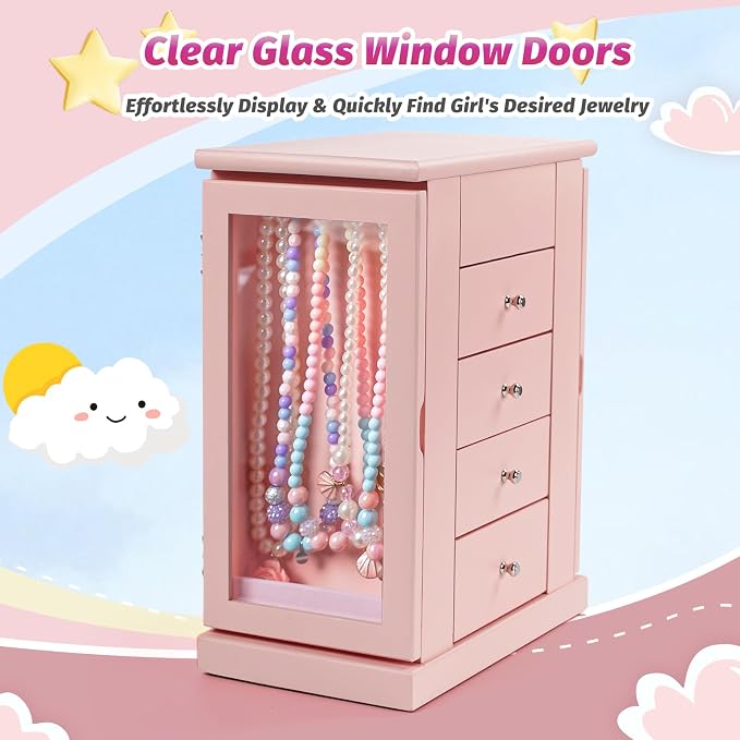 Emfogo Jewelry Box for Girls, Musical Jewelry Box with Spinning Dancer Gifts for Little Girls Christmas New Year Birthday Children's Day, 5 Layer Large Wooden Kids Music Jewelry Organizer Box(Pink) - Image 6