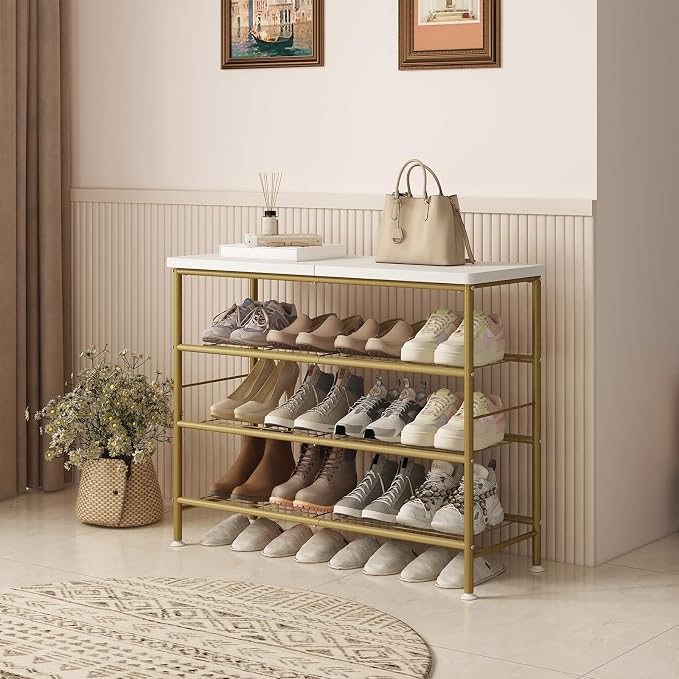 SUOERNUO Shoe Rack Organizer 4 Tier for Closet Entryway Free Standing Metal Storage Shoe Shelf with MDF Top Board，Gold - Image 2