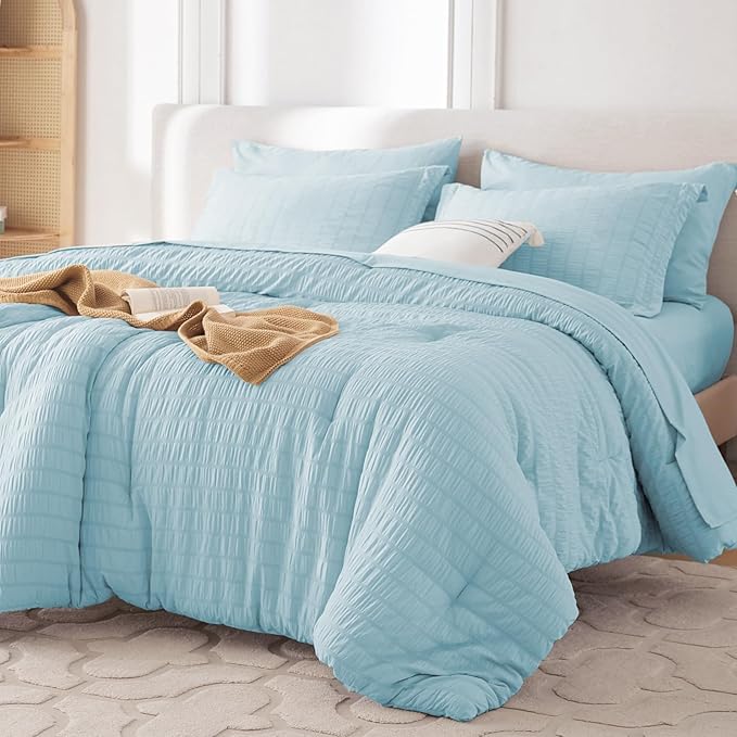 MUXHOMO 5 Pieces Twin XL Comforter Set, Seersucker Bed in a Bag Twin XL Size, All Season Luxury Bedding Set with Comforter, Flat Sheet, Fitted Sheet, Pillowcase & Sham, Lake Blue