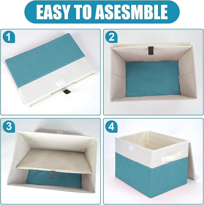Bagnizer Large 22 Quart Linen Fabric Foldable Storage Bin Cube Organizer Basket with Flip-Top Lid & Handles, Clothes Blanket Box for Home, Office, Closet, Teal & White, 4 Pack 14.6 x 9.5 x 9.5 - Image 3