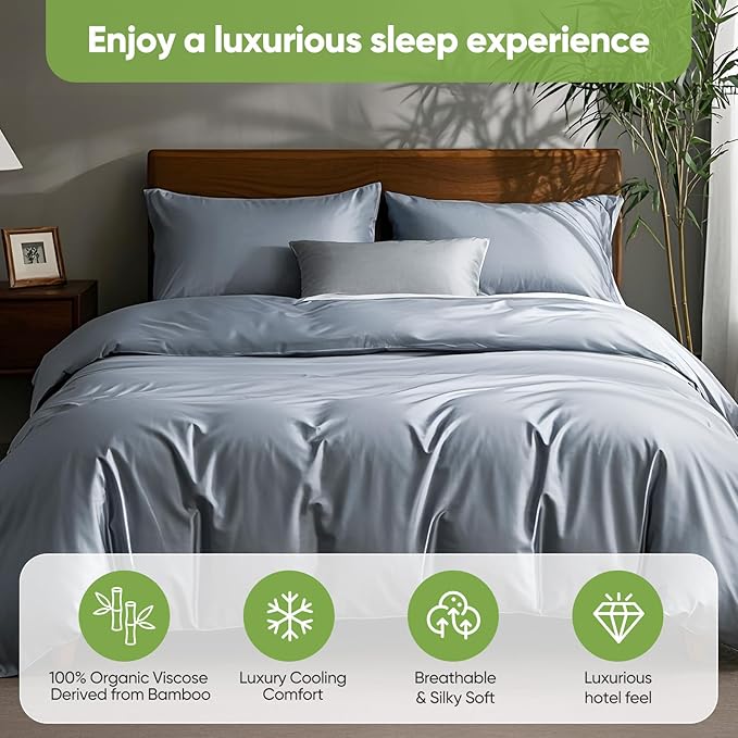 TWK Luxury Sheet Set, Genuine 100% Organic Viscose Derived from Bamboo, Cooling & Breathable, Silky Soft, Bedding Sheets & Pillowcases (Sterling Blue, Queen)