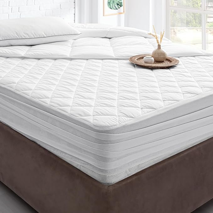 YATAS BEDDING Perle Quilted Fitted Mattress Protector, Machine Washable and Easy Care, Superior Protection and Comfort,100% Cotton Breathable top, White (White, King) - 76"x80" - 14" Deep Pocket