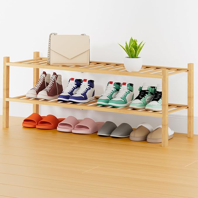 Smiry Shoe Rack, 2 Tier Thick Long Bamboo Shoe Organizer, Stackable Free Standing Wooden Shoe Storage Shelf for Closet, Entryway, Front Door Entrance, Natural by Smiry