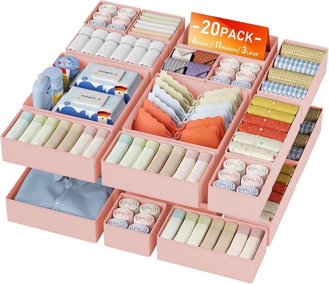 DIMJ Drawer Organizer Clothes 20 Pack - Foldable Baby Organizers and Storage & Dresser Organizer for Bedroom, Closet - Nursery Organization Dresser Dividers for underwear, Sock,Bra, Belt, Tie, Pink by DiMJ