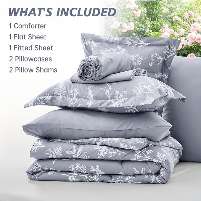 MUXHOMO Light Grey King Comforter Set, Elegant Floral Print Bed in a Bag 7 Pieces, Ultra Soft & Breathable Reversible Botanical Pattern Bedding Set with Comforter, Sheets, Pillowcases, and Shams