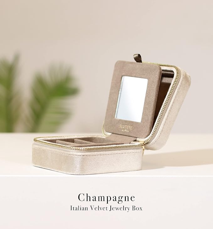 BLUTETE Travel Jewelry Box Organizer Velvet Travel Case With Mirror Ring Earrings Necklaces Storage Organizer Box (Champagne) - Image 2