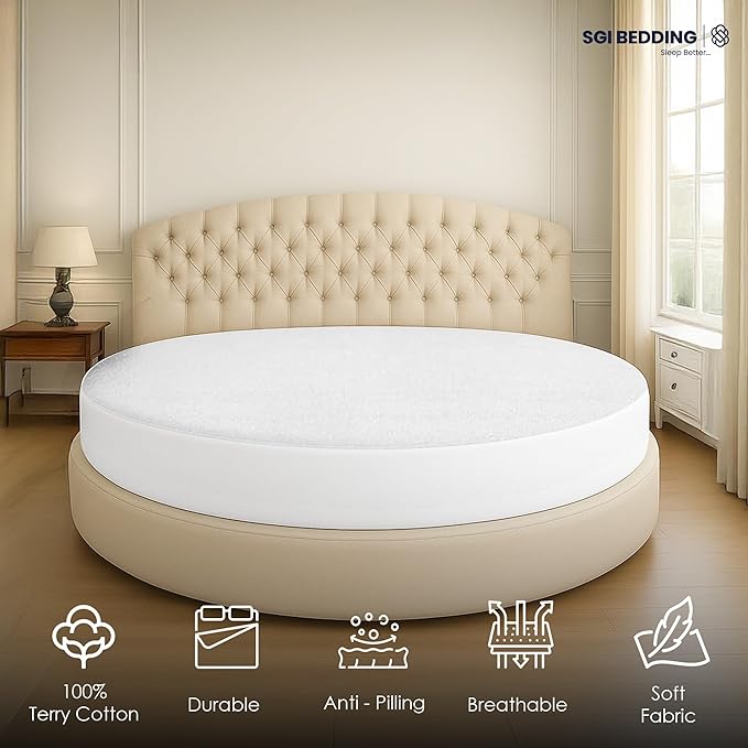 SGI Bedding Waterproof Round Mattress Protector 84" Diameter– 15" Deep Pocket Fitted Style Terry Cotton Mattress Pad Cover, Soft, Breathable & Noiseless, Spills & Stains Bed Protection – White