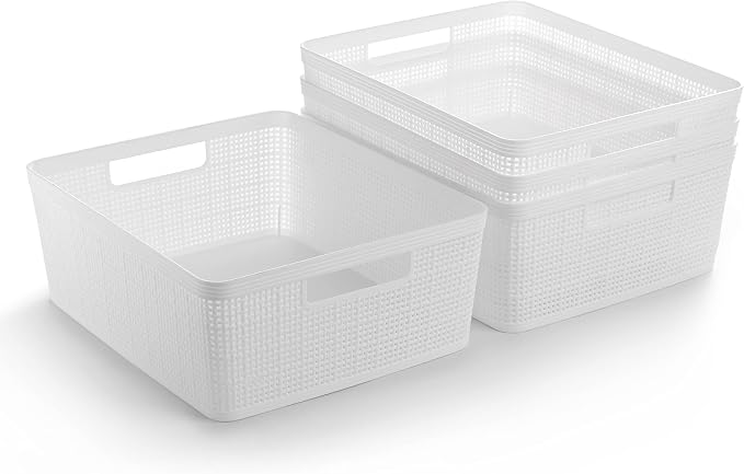 BINO | Woven Plastic Basket | Medium (White), 4-Pack | THE JUTE COLLECTION | Home Organization, Space - Saving Storage, Stylish Design | Jute Basket | Plastic Storage Basket by BINO