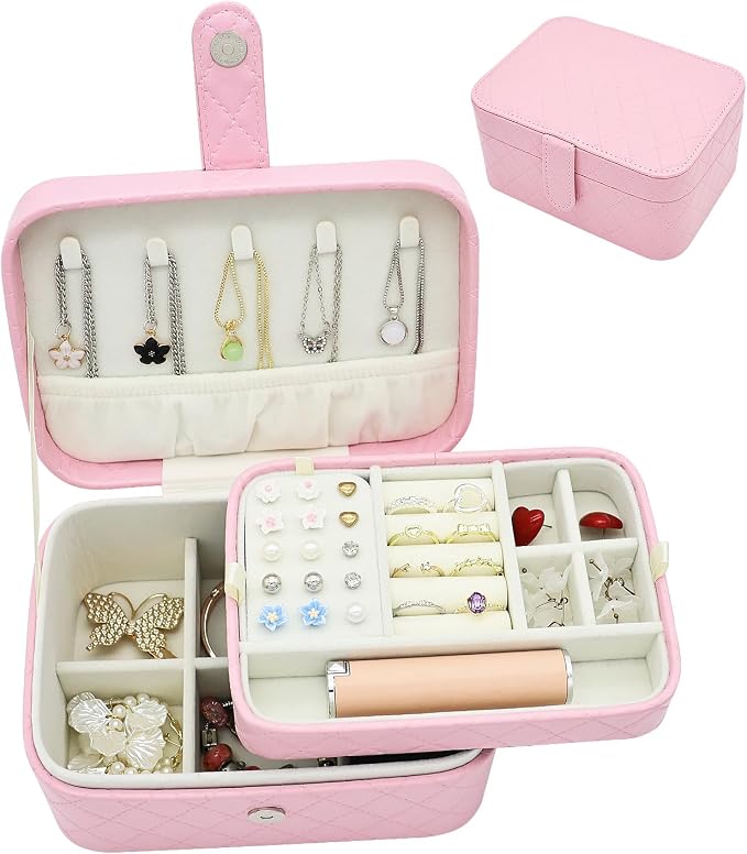 Jewelry Travel Case, 2-Layer Jewelry Box Organizer Medium Jewelry Travel Box, Portable Faux Leather Jewellery Storage Boxes with Argyle for Women, Daily Jewellery Case Home Use (Peach pink) by Unknown