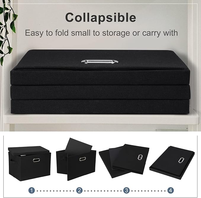 Graciadeco Large 17" 36 Quart Collapsible Stackable Storage Bins with Lids, 1 Pack Black Foldable Fabric Closet Storage Boxes with Lids, 4 Handles Heavy-duty Linen Cube Baskets for Bedroom - Image 5