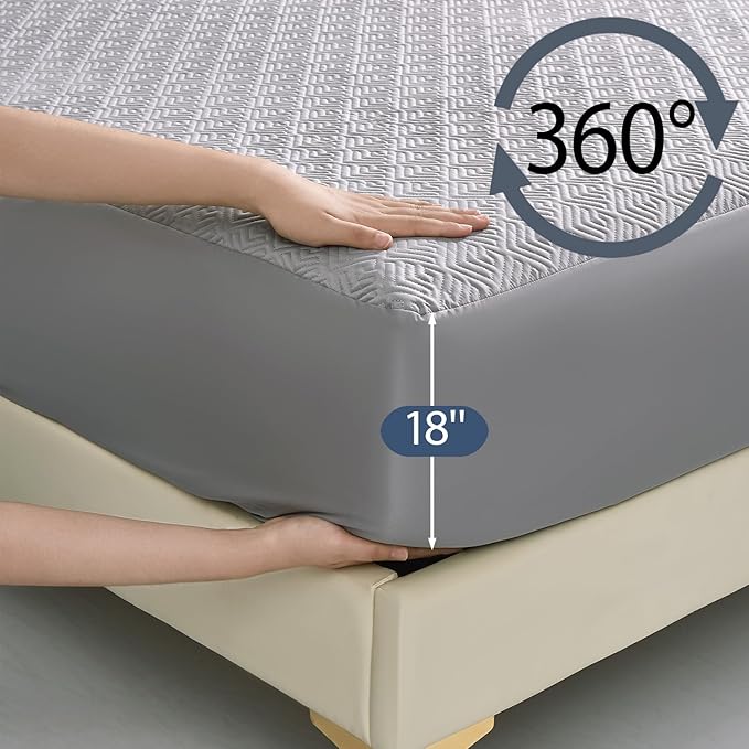 100% TPU Waterproof Mattress Protector Sets with 1 Fitted Sheet & 2 Pillowcases 18 Inches Deep Pocket Breathable Incontinence Pads for Adults Kids Elderly Pets (Gray, Full)