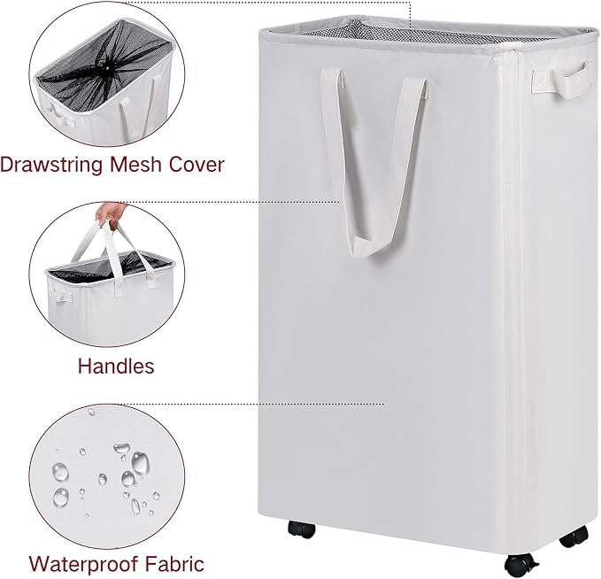 efluky Slim Laundry Hamper with Wheels, Rolling Laundry Basket for Clothes, Small Laundry Basket for Bedroom, Dorm and Laundry Room, 75L (19.8 Gallons) White - Image 6