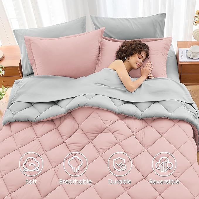MUXHOMO 7 Pieces King Comforter Set, Reversible Bed in a Bag King Size, All Season Bedding Set with Comforter, Flat Sheet, Fitted Sheet, Pillowcases & Shams, Pink & Light Grey