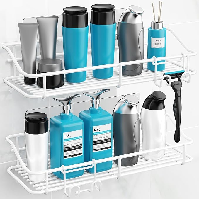 Nieifi Shower Caddy Shelf with Hooks Storage Rack Organizer Adhesive Stainless Steel Without Drilling for Bathroom, Lavatory, Washroom, Restroom, Shower, Toilet, Kitchen - 2 Pack (White) - Image 2