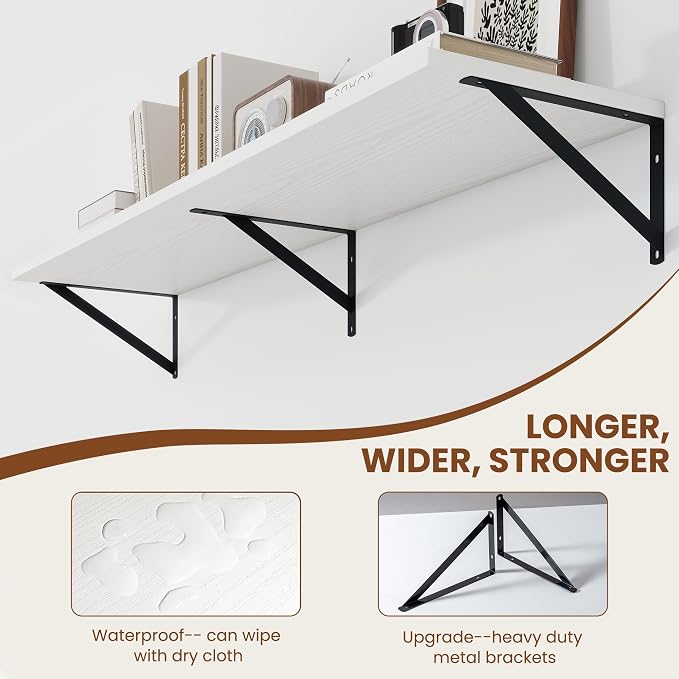Heimlove White Deep Floating Shelves for Wall, 48W x 12D Wood Wall Shelves Set of 2, Wide Floating Bookshelf for Living Room, Kitchen, Office, Bedroom and Decor Storage, with Black Bracket - White - Image 6