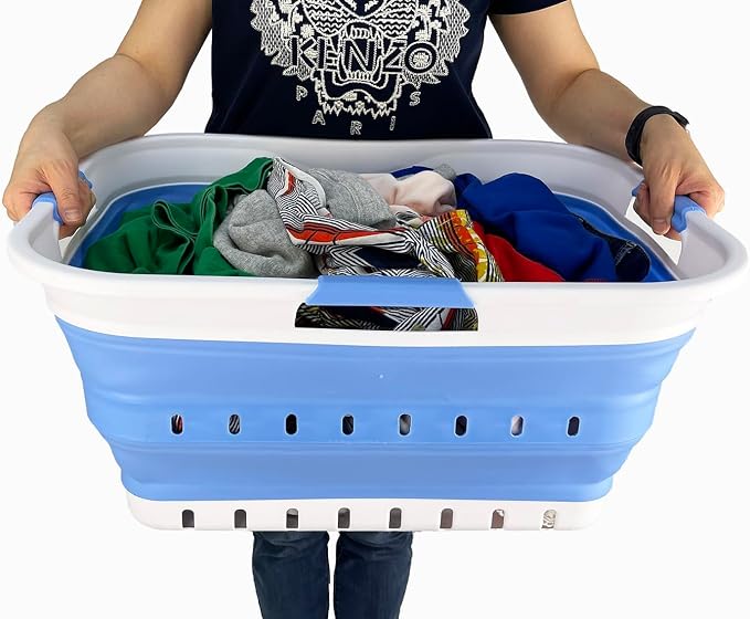 SAMMART 42L (11 gallon) Collapsible Plastic Laundry Basket - Foldable Pop Up Storage Container/Organizer - Space Saving Hamper/Basket (1, White/Little Boy Blue) - Image 7