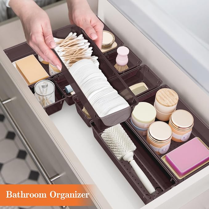 SpaceHacks 25 PCS Plastic Drawer Organizer Set, 4-Size Versatile Organizer Trays & storage Bins for Makeup, Jewelry, and Gadgets in Bathroom, Bedroom and Office,Brown - Image 6