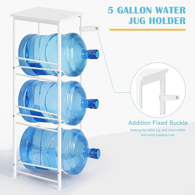 OYEAL 5 Gallon Water Bottle Jug Holder 3-Tier Water Bottle Holder Organizer with Top Shelf, Heavy Duty Water Dispenser Stand Rack for Kitchen Living Room Office, White - Image 4