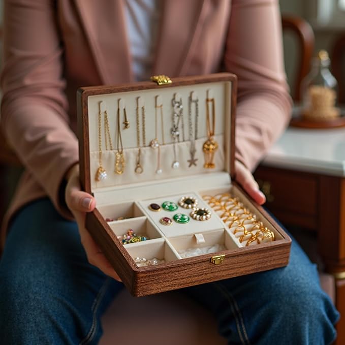 Travel Jewelry Case Small Wood Jewelry Organizer Jewelry Box for Women (Single Nut-Brown A) - Image 8