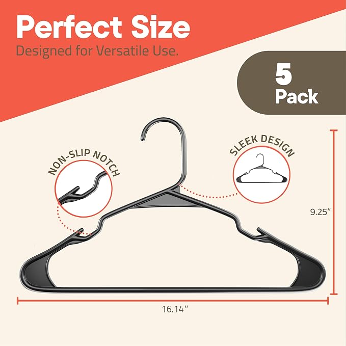 Gray Plastic Hangers 5 Pack– Heavy-Duty Plastic Hangers Slim and Space-Saving, Durable and Lightweight PP with Non-Slip Shoulder Notches for Slip Dresses, Suits, Jackets & Camisoles - Image 2